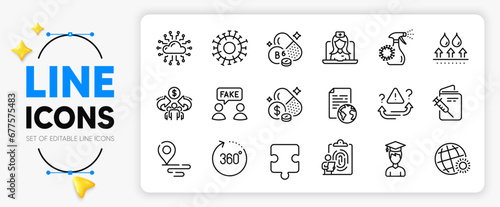 360 degrees, Place and Attention line icons set for app include Telemedicine, Fingerprint, Fake information outline thin icon. World weather, Cloud network, Coronavirus spray pictogram icon. Vector