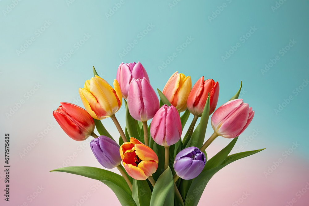 Beautiful bouquet of tulips on soft pastel background. Copy space