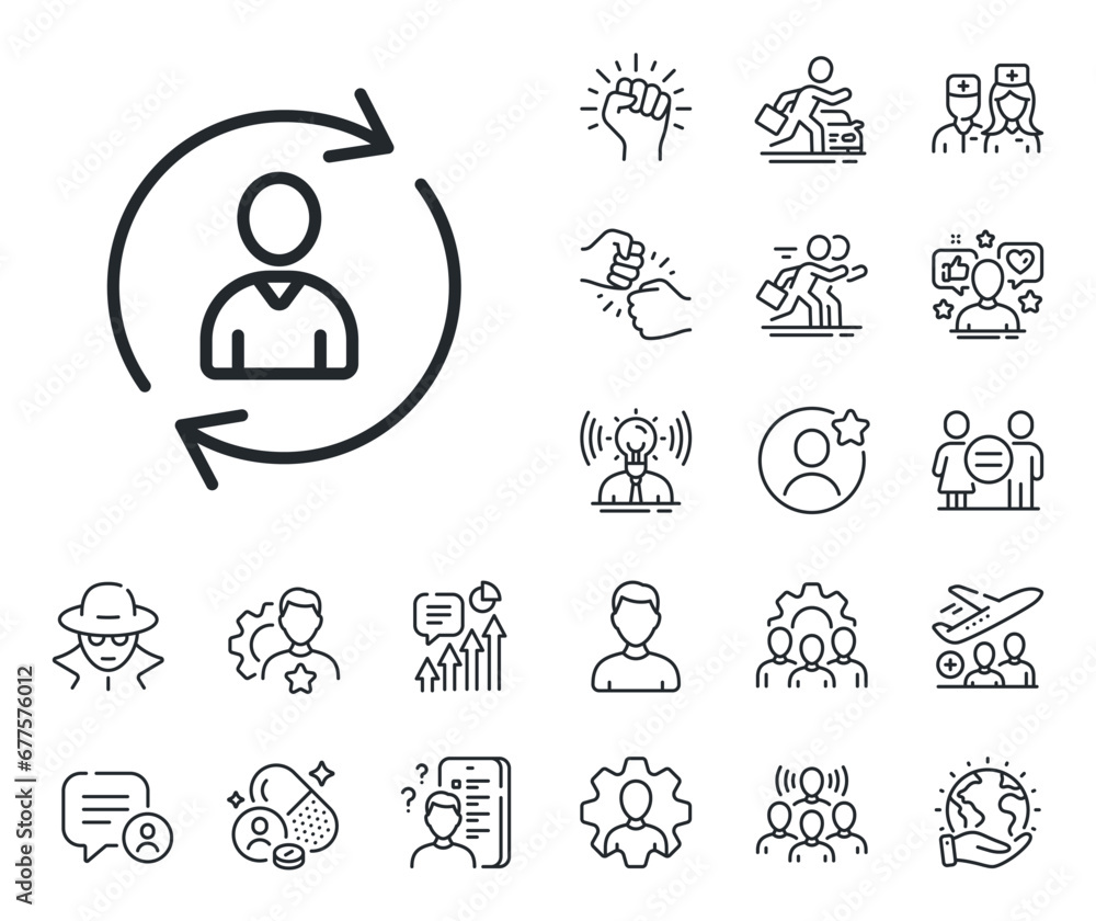 User Profile sign. Specialist, doctor and job competition outline icons. Human Resources line icon. Person silhouette symbol. Refresh or Update sign. Person info line sign. Vector User Profile sign. Specialist, doctor and job competition outline icons. Human Resources line icon. Person silhouette symbol. Refresh or Update sign. Person info line sign. Vector
