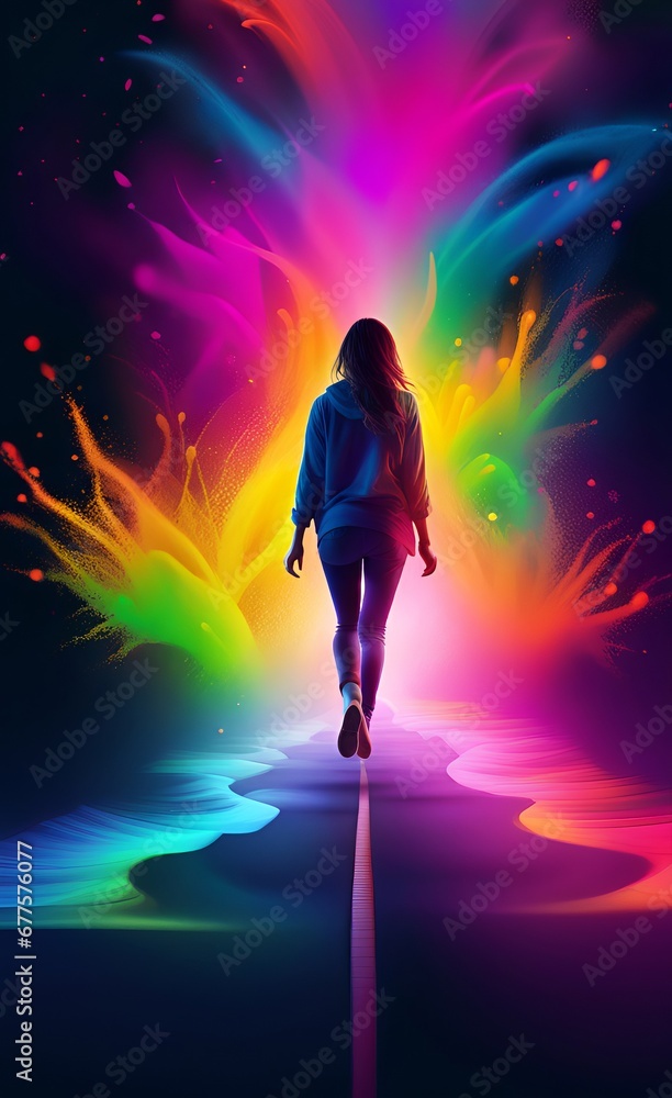 Abstract background with a girl walking on the road. .AI