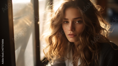 Free Download Closeup candid portrait photo of a young artistic woman, sitting by the window, sunlight beams on her face, soft romantic lighting, summer day  - GFXLoad