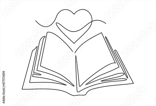 Open book and heart, continuous line vector illustration. one line vector drawing of a book and a heart, concept of love of reading. Black and white hand drawn image.