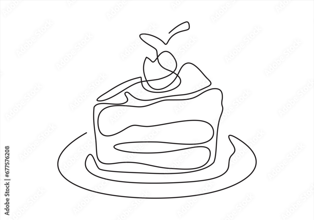 Continuous one line drawing of cake. Editable stroke. Concept for cafe, bakery, restaurant. Modern style vector illustration on isolated background.