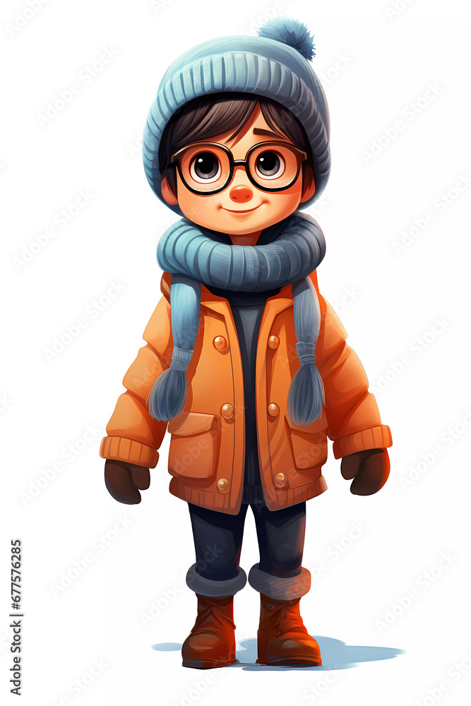 Cute Boy Dressed in Winter Clothes. Happy cartoon character. Realistic colorful isolated illustration on white background. Cute Boy Dressed in Winter Clothes. Happy cartoon character. Realistic colorful isolated illustration on white background.