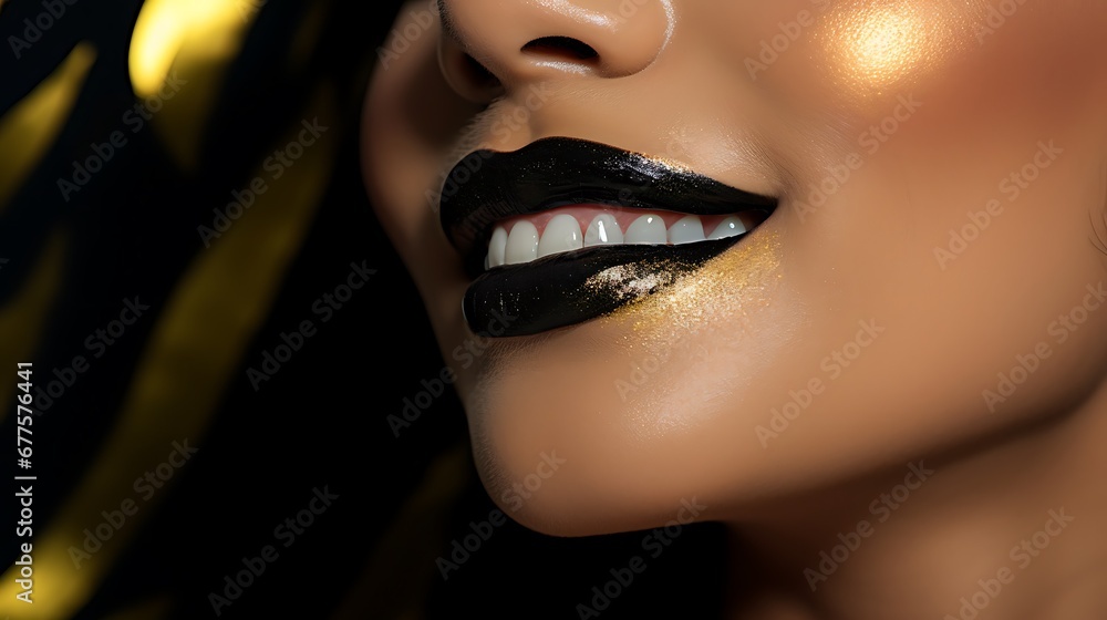 Fototapeta premium Macro closeup portrait photo of a young woman's full face, giggling, matte lipstick, gold eyeshadow, black eyeliner 