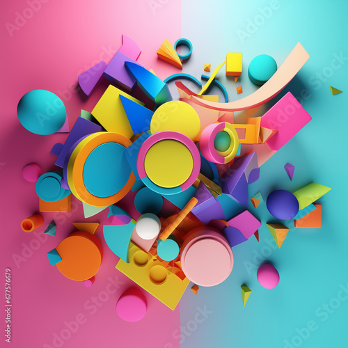 Figures are colorful. Abstract background with figures of different shapes and shadows. Created with AI.