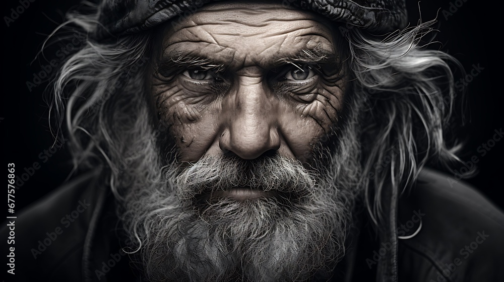 Black and white portrait of a grizzled old fisherman, with intense contrast and fine detail Black and white portrait of a grizzled old fisherman, with intense contrast and fine detail