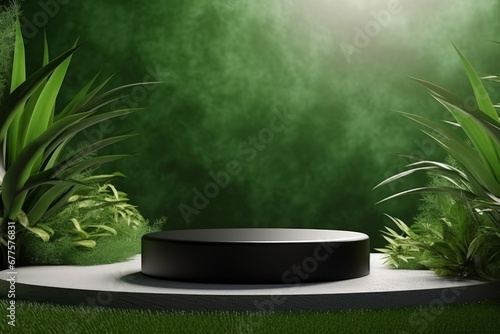 Black granite product display podium in green room with grass flowers and sunshine background. Product presentation theme. Nature and Organic cosmetic, Generative AI