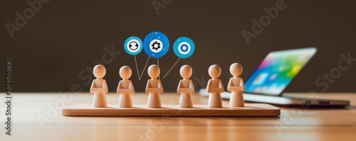 Social gathering with texting bubbles message communication on wooden figurine and table top. People lifestyles and social media concept, Generative AI photo