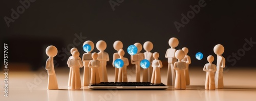 Social gathering with texting bubbles message communication on wooden figurine and table top. People lifestyles and social media concept, Generative AI