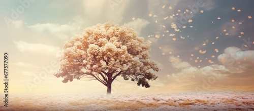 In the vintage background a golden tree stands tall adorned with white flowers creating a textured and floral spectacle The vibrant sky echoes the joy of summer as nature awakens with the l