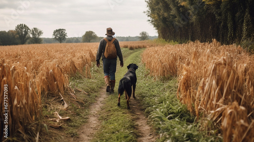 A farmer walks through a cornfield with his dog. AI Generated ©  iiulia
