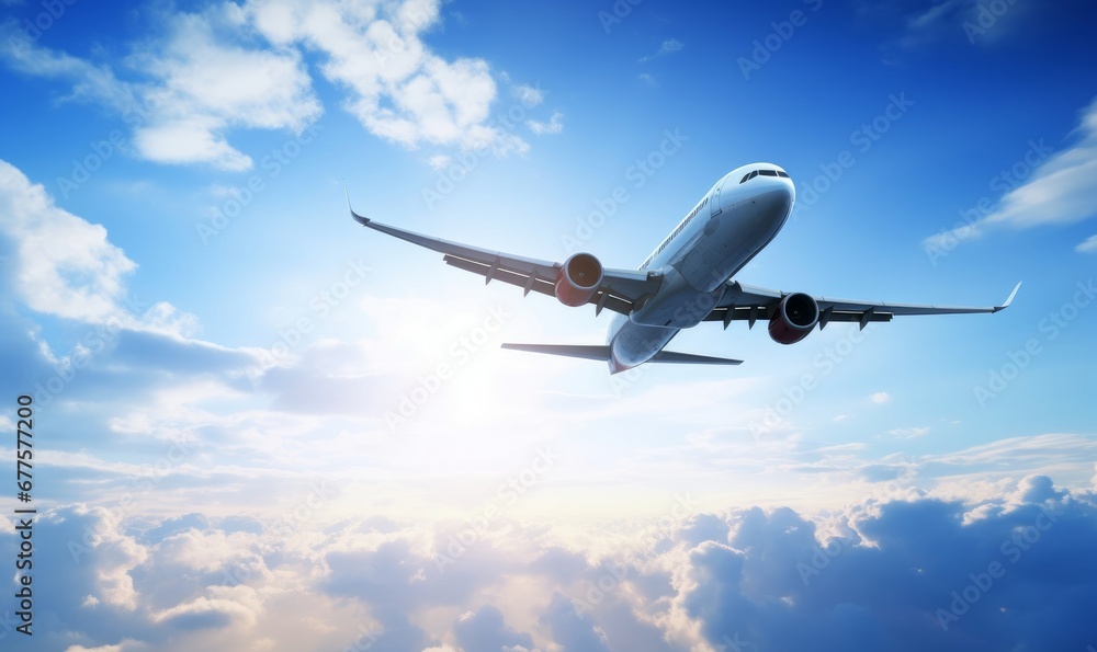 Airplane flying in the air with sunlight shining in blue sky background. Travel journey and Wanderlust transportation concept. 3D illustration, Generative AI