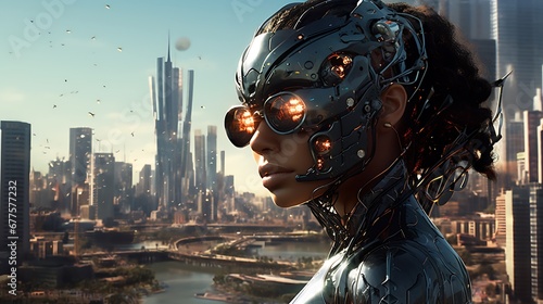 Portrait of a cyborg woman in a futuristic cityscape photo