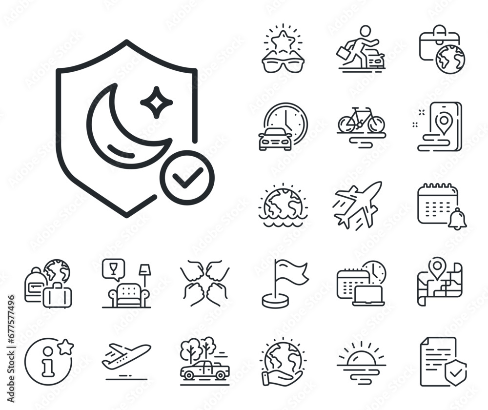 No insomnia sign. Plane jet, travel map and baggage claim outline icons. Sleep guard line icon. Night protection symbol. Guard line sign. Car rental, taxi transport icon. Place location. Vector