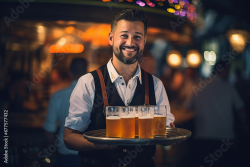 Young Traditional German Waiter Serving Beers with a Smile at Oktoberfest photo