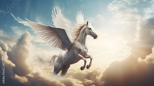 pegasus horse with wings flying in the blue sky