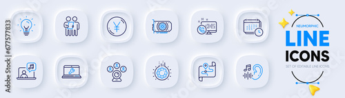 Hearing, Energy and Music line icons for web app. Pack of Map, Video conference, Gpu pictogram icons. Yen money, Gear, Calendar signs. Survey, Web call, Laptop repair. Audio message, Lightbulb. Vector
