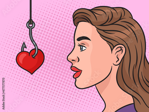 Woman is caught on heart shaped bait love metaphor pinup pop art retro hand drawn raster illustration. Comic book style imitation.