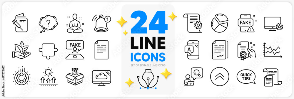 Icons set of Diagram chart, Inspect and Yoga line icons pack for app with Monitor settings, Document, Technical documentation thin outline icon. Organic product, Vaccination passport. Vector