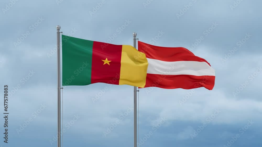 Austria flag and Cameroon flag waving together on cloudy sky, endless seamless loop, two country relations concept Austria flag and Cameroon flag waving together on cloudy sky, endless seamless loop, two country relations concept