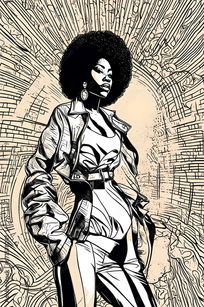 Fototapeta premium An illustration of a pretty black african american woman with an afro from the 1970s disco era. Black and white line drawing.