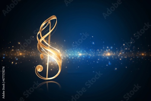 Gold light music note on blue background, Generative AI photo