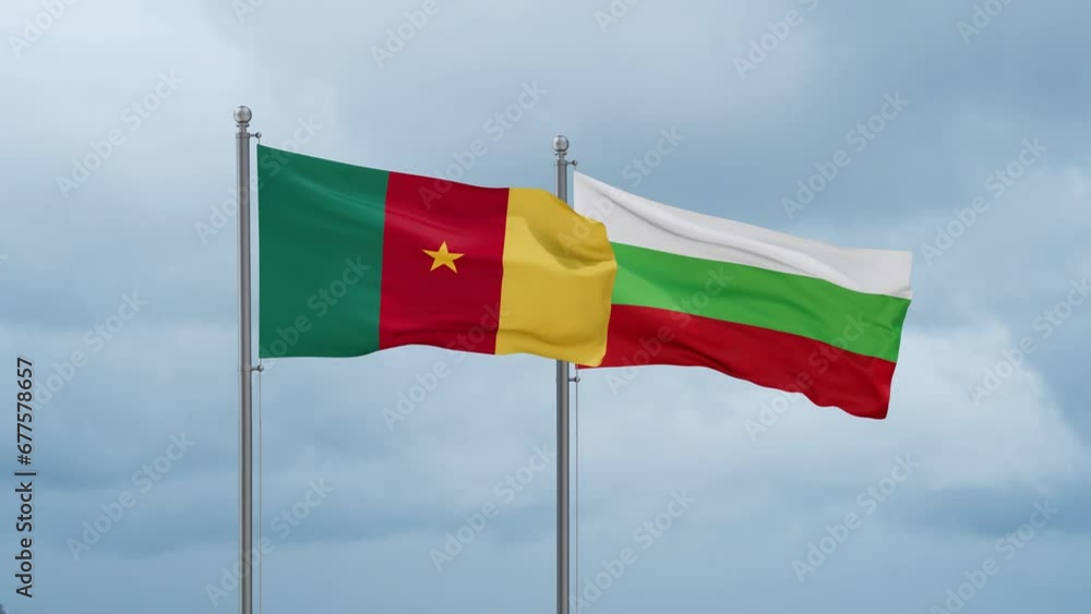 Bulgaria flag and Cameroon flag waving together on cloudy sky, endless seamless loop, two country relations concept Bulgaria flag and Cameroon flag waving together on cloudy sky, endless seamless loop, two country relations concept