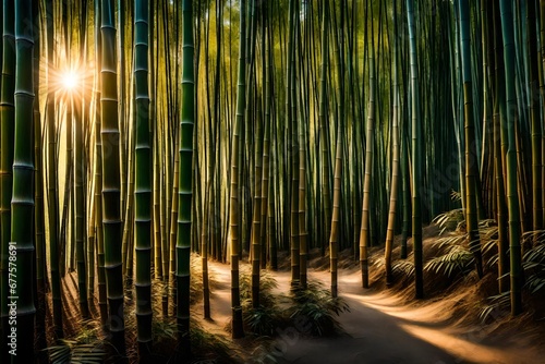 A serene bamboo forest with the last rays of sunlight filtering through the tall  slender stalks