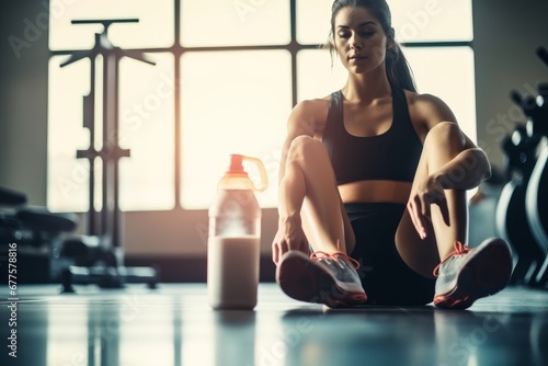 Sport woman sitting and resting after workout or exercise in fitness gym with protein shake or drinking water on floor. Relax concept. Strength training and Body build up theme. Warm, Generative AI photo
