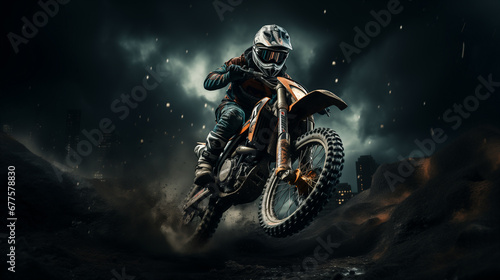 Motociclista di motocross e supercross a tutta velocit   sullo sterrato all imbrunire in un panorama con nuvole scure