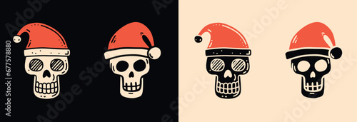Skull Santa hat illustration for funny gothic Christmas cards and decorations. Creepy holiday season aesthetic. Minimalist hand drawn naive style vector illustration for xmas printable products.