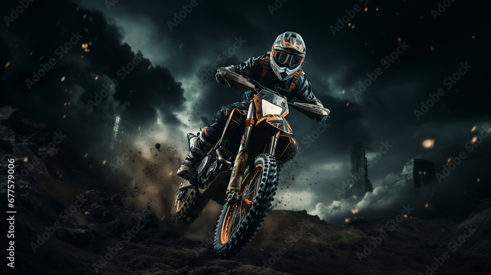 Motociclista di motocross e supercross a tutta velocità sullo sterrato all'imbrunire in un panorama con nuvole scure