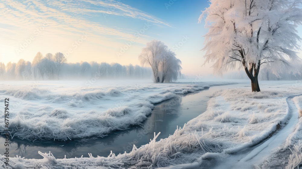 Obraz na płótnie water frost view panorama frozen illustration nature landscape, snow river, season scenery water frost view panorama frozen w salonie