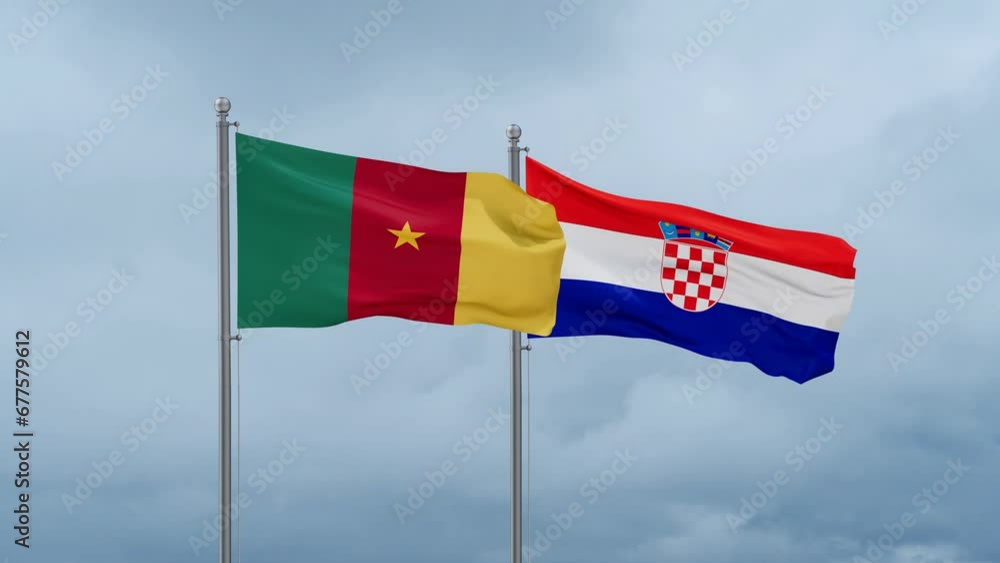 Croatia and Cameroon flag waving together on cloudy sky, endless seamless loop, two country cooperation concept Croatia and Cameroon flag waving together on cloudy sky, endless seamless loop, two country cooperation concept