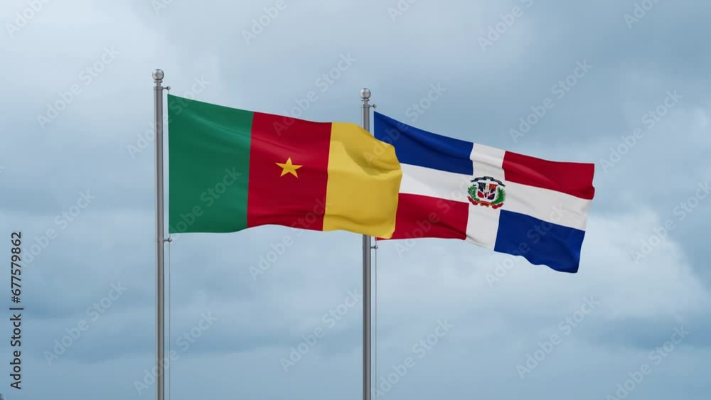 Dominican Republic flag and Cameroon flag waving together on cloudy sky, endless seamless loop, two country relations concept Dominican Republic flag and Cameroon flag waving together on cloudy sky, endless seamless loop, two country relations concept