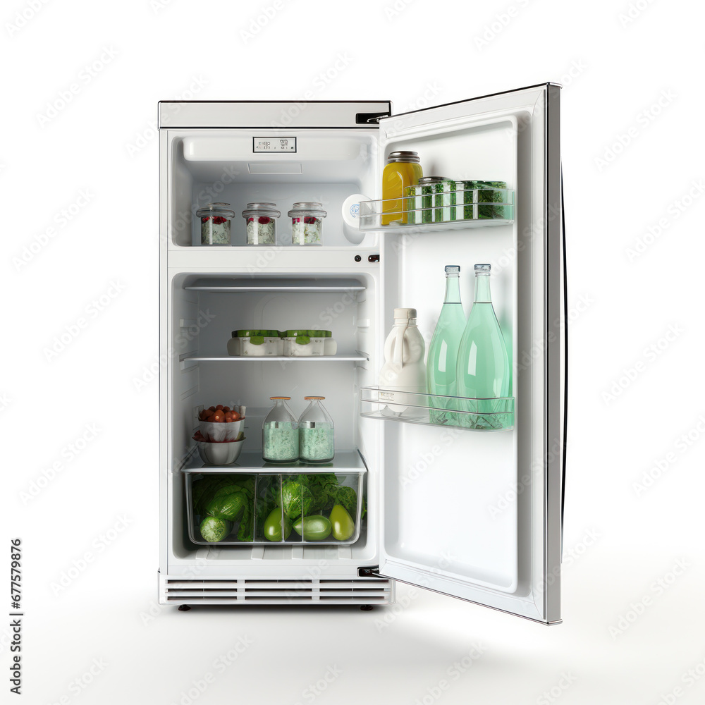 Studio shot of an open fridge full of healthy food products isolated on white background Studio shot of an open fridge full of healthy food products isolated on white background