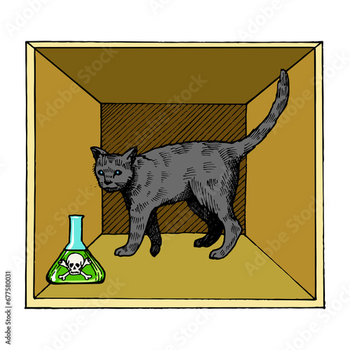 Shroedinger cat in box experiment with poison engraving sketch style hand drawn raster illustration. Interpretation of quantum mechanics. Scientific physical theory. Scratch board style imitation.  photo