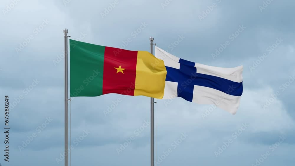 Finland flag and Cameroon flag waving together on cloudy sky, endless seamless loop, two country relations concept Finland flag and Cameroon flag waving together on cloudy sky, endless seamless loop, two country relations concept
