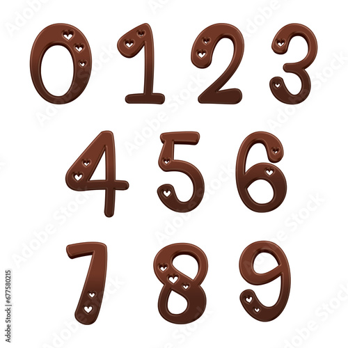 Chocolate candy 3D numbers from 0 to 9, isolated on transparent background. This is a part of a set which also includes letters, symbols, and shapes.