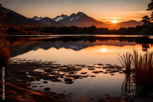 A tranquil lake reflecting the warm hues of a sunset, with distant mountains silhouetted against the fading light