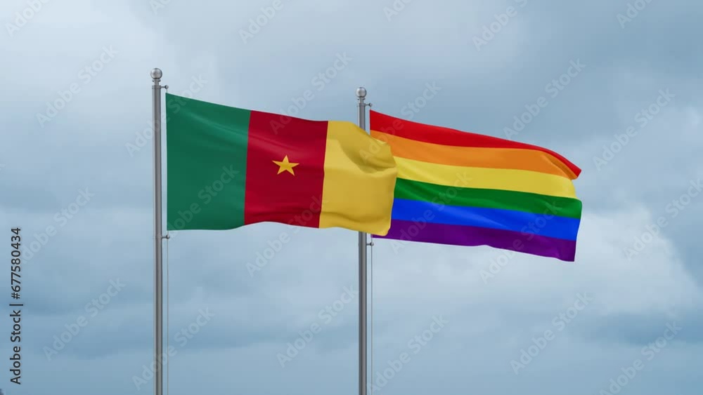 LGBT movement flag also Gay Pride and Cameroon flag waving cycle looped video, tolerance conception in country LGBT movement flag also Gay Pride and Cameroon flag waving cycle looped video, tolerance conception in country