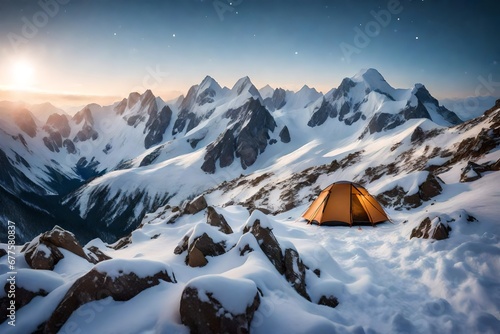 Tent pitched on a snowy ridge, with panoramic views of snow-covered peaks and a mesmerizing snowfall.