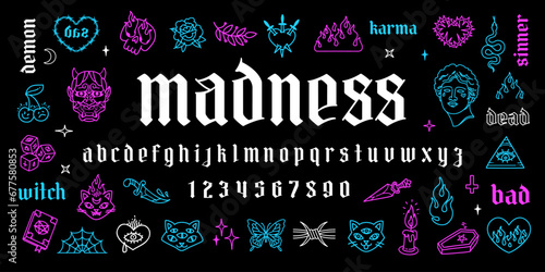 "Madness" gothic tattoo art font type. Aesthetic 2000s neon gothic punk style font. Y2k isoteric tattoo line art set of butterfly, flame, rose, snake, heart chain. Vector dark tattoo font type design