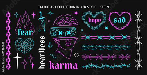 Y2k Glam Tattoo Art set 9 in 1999s 2000s style. Y2k Emo Goth heart, flame, antique statue head. Chain frame element. Barbed wire frame element. Goth Tattoo line art stickers. Printable vector designs