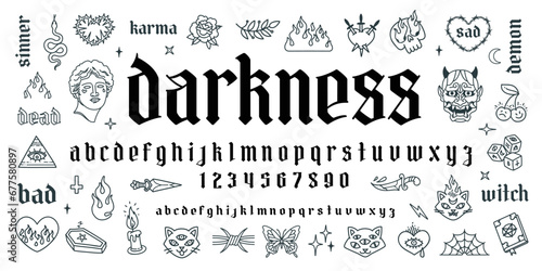 "Darkness" gothic tattoo art font type. Aesthetic 2000s gothic punk style font. Y2k isoteric tattoo line art set of butterfly, rose, snake, heart chain. Neo goth style tattoo vector font type design