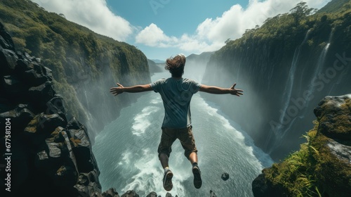 Jumping man, Man jumping from cliff into water at waterfall. © visoot