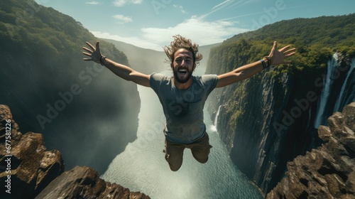 Jumping man, Man jumping from cliff into water at waterfall.