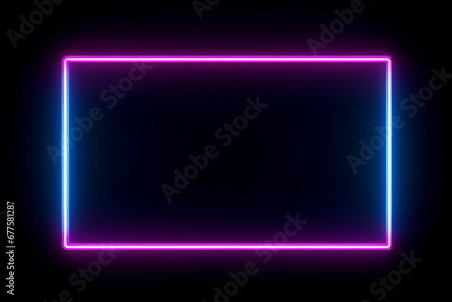 Square rectangle picture frame with two tone neon color motion graphic on isolated black background. Blue and pink light moving for overlay element. 3D illustration. Empty copy space, Generative AI