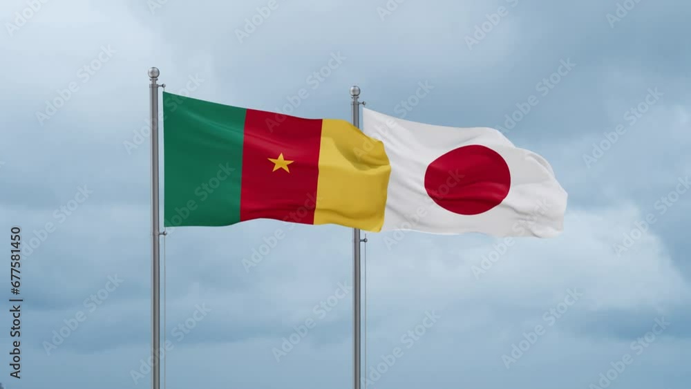Japan flag and Cameroon flag waving together on cloudy sky, endless seamless loop, two country relations concept Japan flag and Cameroon flag waving together on cloudy sky, endless seamless loop, two country relations concept